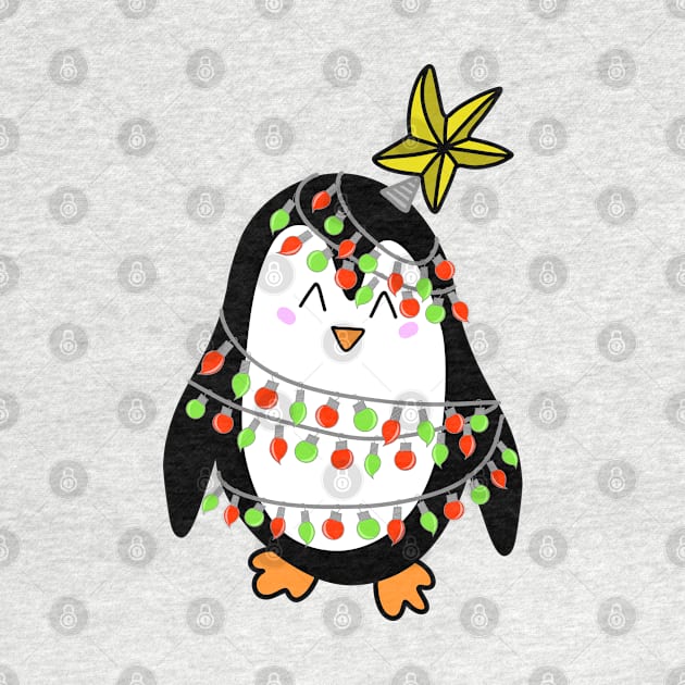 Cute Christmas Tree Lights Wrapped Penguin with a Star on his Head on a Green Backdrop, made by EndlessEmporium by EndlessEmporium